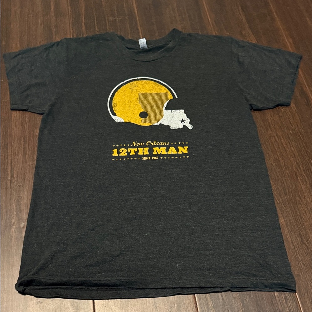 American Apparel Black Short Sleeve Tee with Yellow & White Helmet Graphic